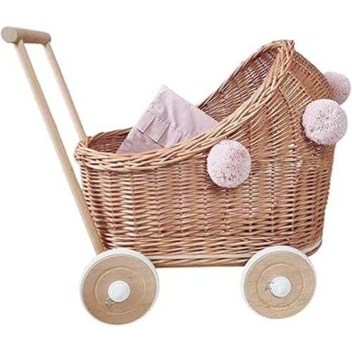 Natural Rattan Doll Stroller - Hand Made in Europe - Fits 17" Dolls & Plush Toys - Wicker Doll Pram & Baby Walker with Bedding Set - Perfect for Imaginative Play | Natural-Pink