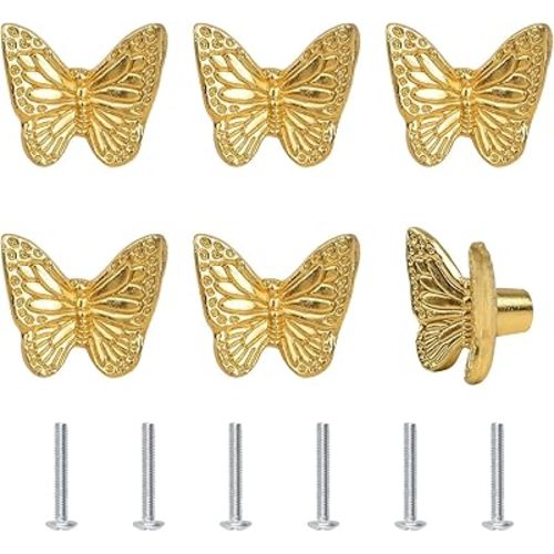 Drawer Knobs, 6Pcs Zinc Alloy Pulls Knobs Antique Pull Handles Single Hole Furniture Cabinet Knobs with Screws for Drawer, Cupboard (Gold Butterfly)