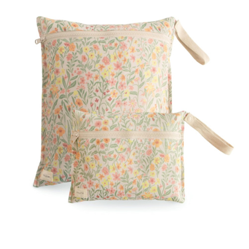 mushie Water Resistant Wet Bags | Large & Small Reusable Storage Bag for Baby Items and Travel | Zippered Pockets with Handle | Machine Washable, Set of 2 (Pastel Blooms)