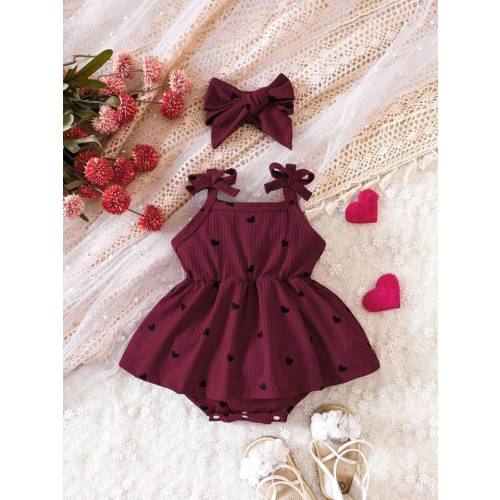 Baby Girl Heart Print Bow Shoulder Cami Combo Bodysuit Dress & Headband: 0-1 month