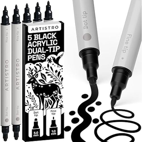 ARTISTRO 5 Black Acrylic Paint Markers for Rock, Fabric, Wood, Glass, Craft, Decoration - Dual-Tip Paint Pens - Stocking Stuffers, Christmas Gift Idea for Teens, Grandkids, Kids - Art Supplies