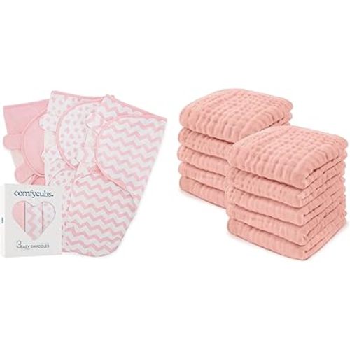 Comfy Cubs Swaddle Blanket Baby Girl Boy Easy Adjustable 3 Pack and Baby Washcloths, Muslin Cotton Baby Towels Bundled
