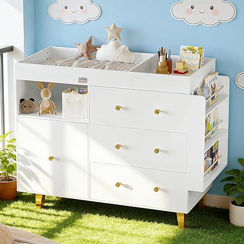 Wooden Baby Changing Table Dresser,Diaper Changing Table with Large Tabletop,4 Drawers, Open Storage Space & Side Shelves,Modern Storage Crib with Changing Table for Nurseries and Baby Rooms,White