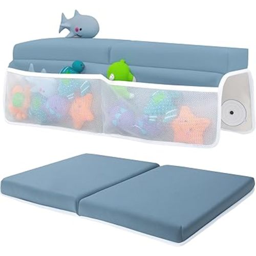 Baby Bath Kneeler and Elbow Rest Pad Set - Baby Bath Support for Knees and Elbows - Bath Kneeler Pad with Memory Foam and Bath Toys Organizer - Ideal Bath Kneeling Pad for Bathing Baby - Blue