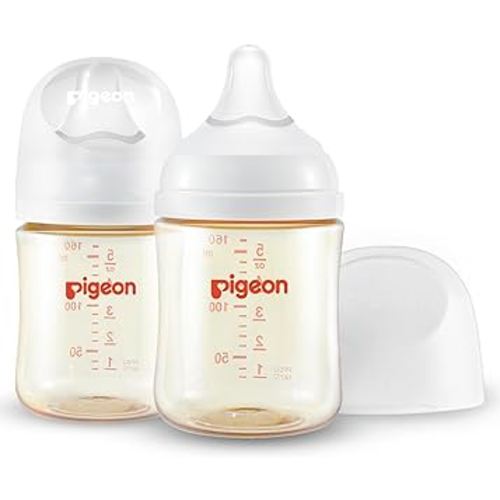Pigeon PPSU Nursing Baby Bottle Wide Neck, Streamlined Body, Natural Feel, Easy to Clean, 5.4 Oz(Pack of 2), includes 2pcs SS Nipples (0m+)