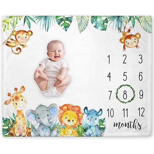 Safari Jungle Baby Monthly Milestone Blanket, Giraffe Elephant Baby Growth Chart Monthly Blanket, Includes Marker (Blue, 50 inches x40 inches)