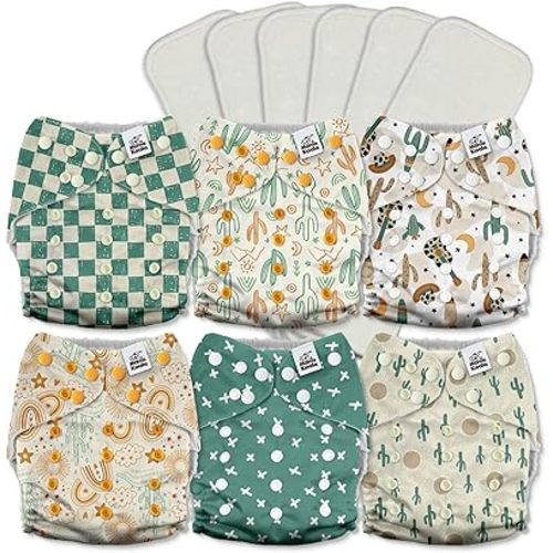Mama Koala 3.0 Pocket Cloth Diapers for Babies with AWJ Lining, 6 Pack with 6 5-Layer Natural Cloth Diaper Inserts - Reusable and Washable Pocket Diapers(A-Desert Oasis)