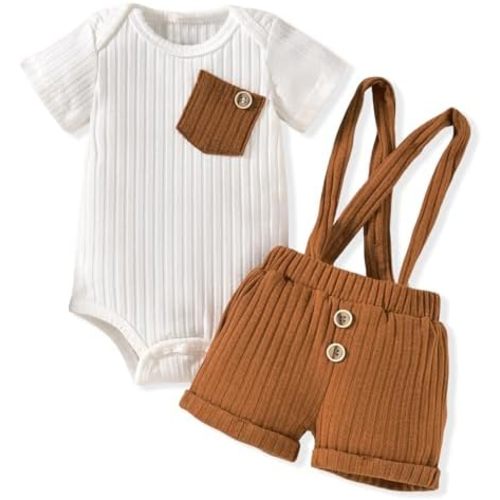 Unutiylo Baby Boy Outfits 0-12 Months Short Sleeve Romper Suspenders Pants Spring Summer clothes