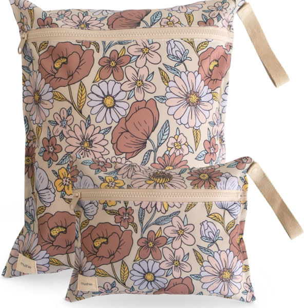 mushie Water Resistant Wet Bags (Retro Flowers) | Large & Small Reusable Storage Bag | Set of 2