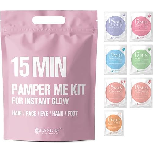 Spa Kit for Women-Korean Skincare Set Includes home spa essentials like a hair mask, hand and foot masks, eye mask, facial masks. Pamper yourself with 15 MIN PAMPER ME KIT by [NAISTURE]