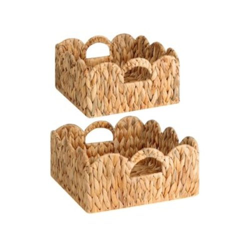 Scalloped Wicker Basket, Nursery Basket with Handles, Woven Rattan Baskets for Organizing, Water Hyacinth Storage Baskets Bathroom Living Room, Set of 2,11.5" L x 11.5" W x 5.75" H