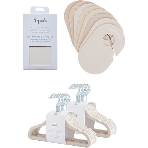 3 Sprouts Closet Dividers & Hangers Bundle - 8 Baby Size Dividers (Neutral) and 30 Velvet Hangers for Baby Clothes (Beige)