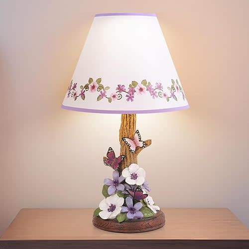 Butterfly Flower Table Lamp, LED Light Source - Vintage Home Decor, Purple Morning Glory Side Lamp, Pressed Floral Bedside Light for Nightstand