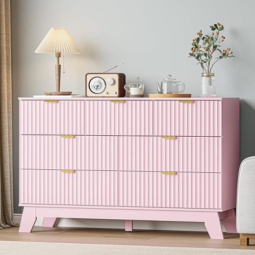 Dresser 7 Drawer Dresser for Bedroom, 47''W Fluted Wooden Dresser Storage Cabinet and Chest of Drawers with Metal Handle, Storage Organizer for Living Room, Hallway, Entryway, Pink