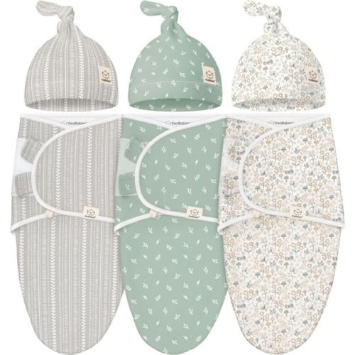 3-Pack Organic Baby Swaddle Sleep Sacks with Knot Hats, Newborn Baby Swaddles Wrap 0-3 Months, Ergonomic Wearable Blanket
