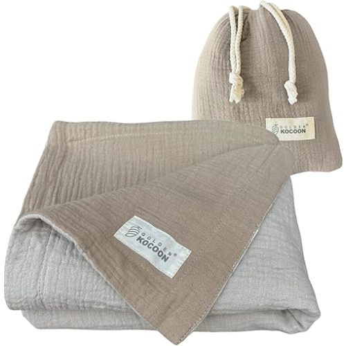 Golden Kocoon® - E-M-F Blanket- Organic Cotton Crepe with EcoMesh™ Tech Faraday Fabric Silver Liner Inside -Travel Size with Bag - 31x35 in (79x89cm)- 5 g, BT, Smart Meters & WiFi - Cocoon