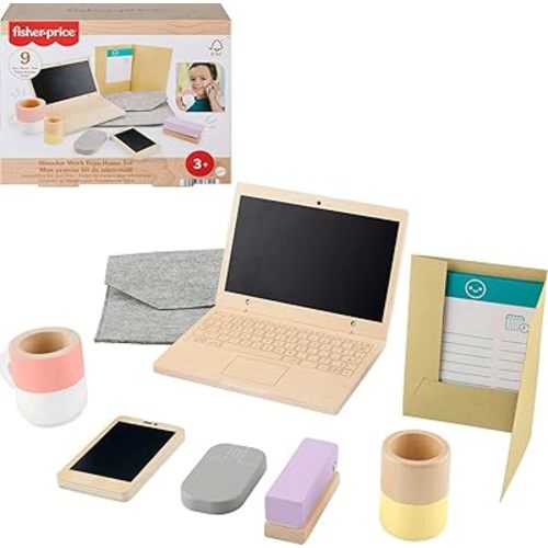 Fisher-Price Wood Pretend Play Work from Home Set, 9-Piece Office Playset with Wooden Toy Laptop & Phone for Preschool Kids Ages 3+ Years