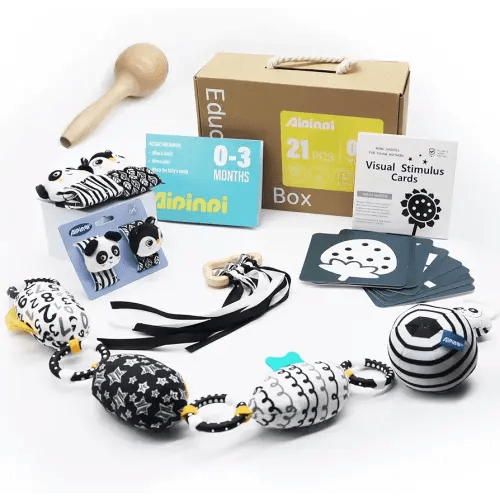 AIPINQI 7 in 1 High Contrast Baby Toys Black and White Toy, 21pcs Montessori Education kit, Learning Educational Set Newborn Toys, Sensory Toys for Babies 0-6 Months (Black&White)
