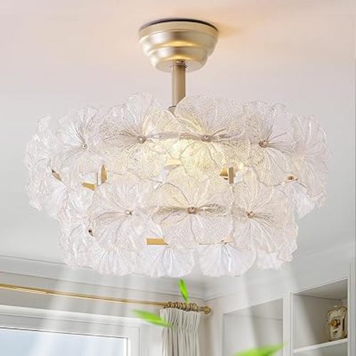 20 Inch Gold Fandelier Ceiling Fan with Light, Crystal Flower Chandelier Ceiling Fans with Lights Remote Control, Mid Century Gold Caged 6 Speeds for Girl's Bedroom, Living Room, Nursery