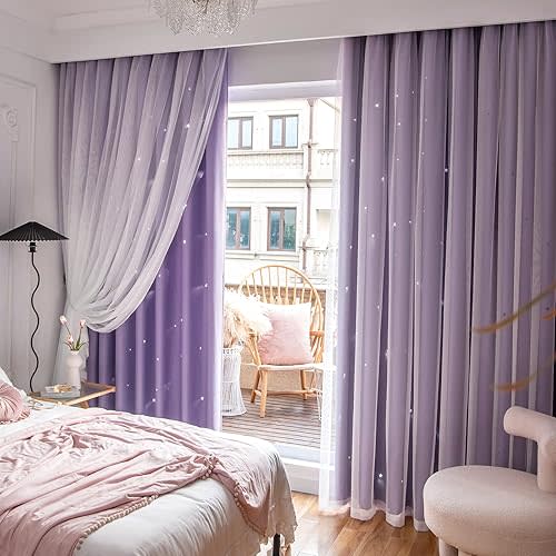 Stars Double Layer Blackout Curtains for Bedroom - Kids Cute Curtains, 84 Inches Long, 1 Panel, Purple, 52 X 84 Inches