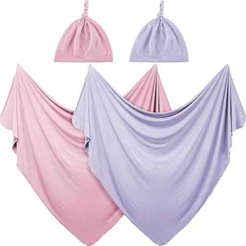 JaGely 2 Pack Baby Newborn Swaddle Blanket and Hat Set 47" x 47" Large Stretchy Receiving Blankets Set for Newborn Baby(Pink, Light Purple)
