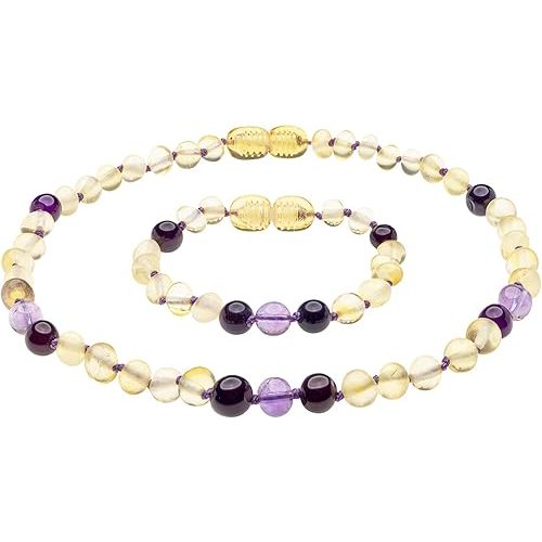 AmberSky Genuine Amber Necklace and Bracelet from Baltic Sea Made with Polished Lemon Amethyst and Violet Agate 33 cm (13 and 5.9 Inches)