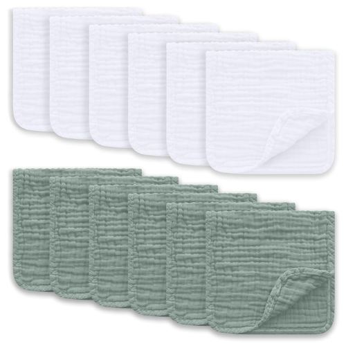 Muslin Burp Cloths Large 100% Cotton Hand Washcloths for Boys & Girls, Baby Essentials Extra Absorbent and Soft Burping Rags for Newborn Registry (White & Green, 12-Pack, 20" X10")