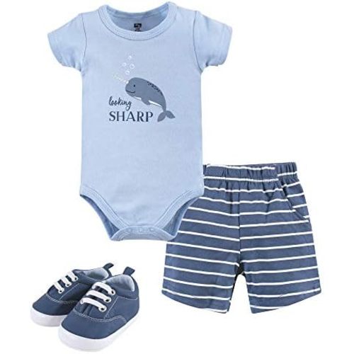 Hudson Baby Unisex Baby Cotton Bodysuit, Shorts and Shoe Set