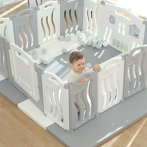 Baby Playpen Kids Activity Centre Safety Play Yard Home Indoor Outdoor New Pen (14 Panels Ocean White)