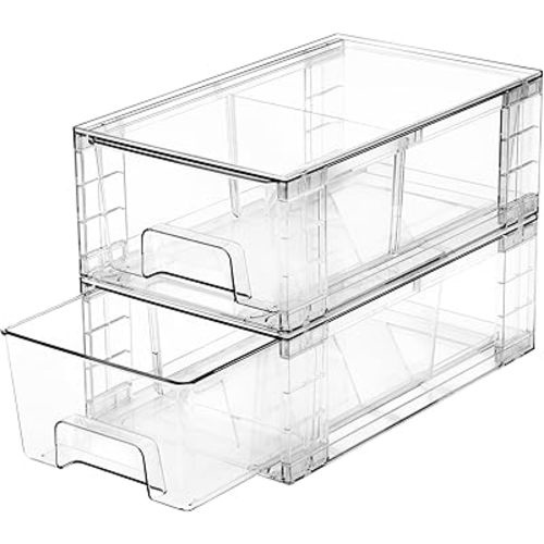 2 Pack Stackable Storage Drawers, 12 Inch Plastic Organizers Bins, Drawers Storage with Handles and Movable Dividers for Organization and Storage in Dressers, Pantry, Kitchen Cabinets, Under Sink