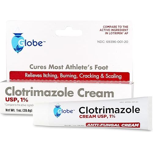 Globe Clotrimazole Antifungal Cream 1% USP (1 oz), Anti Fungal Treatment, Relieves Itching, Burning, Cracking and Scaling Associated Athletes Foot, Jock Itch, Ringworm and More