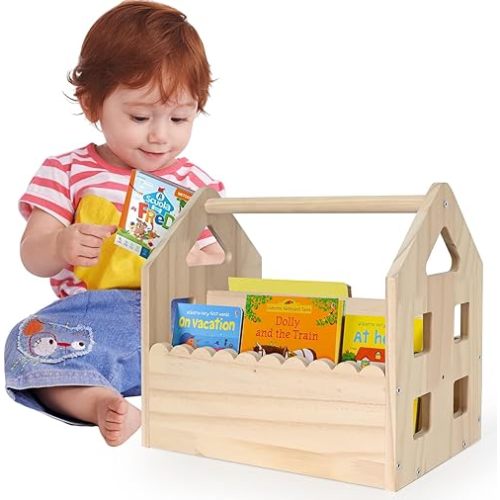 Double-Sided Montessori Scalloped Bookshelf for 1-5 Years, Nursery Cute Storage for Books, House Shape Wooden Nursery Small Bookshelf, Room Furniture, Baby Bookcase 12 * 11.6 * 7.9"