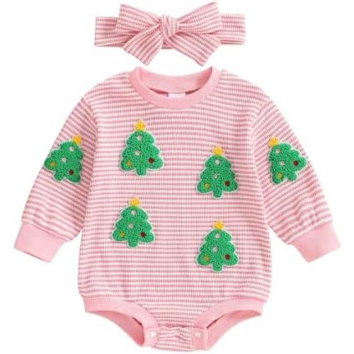 Christmas Newborn Baby Girl Outfit Tree Embroidery Long Sleeve Striped Waffle Bubble Romper Matching Headband