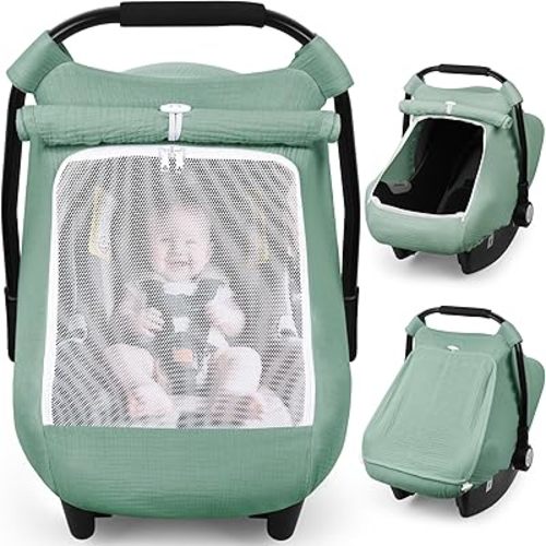 Rquite Car Seat Cover Baby, Carseat Covers Girl Boy, Breathable Muslin Cotton, Large Mesh Window, Infant Car Seat Canopy Baby Carrier Cover Stroller Sun Shade for Summer & Hot Day, Green