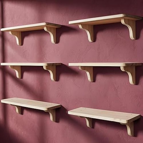 Natural Wood Wall Shelves for Office - 17 inch (6 Pack) - Ready to Paint or Stain to Match Your Decor, Easy to Install, Template and Video Included - Wooden Shelves for Bedroom, Natural Wood Shelves