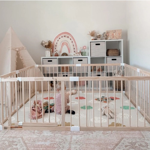 HARPPA Baby Gate Playpen, DIY Foldable Wooden Play Gate, Non-Toxic Foldable Wooden Play Yard for Babies & Toddlers, Adjustable DIY Baby Fence, Large & Small Safe Play Area, Easy-Assembly Natural Finish Indoor Playpen, DIY Playpen Foldable Wooden Playpen,