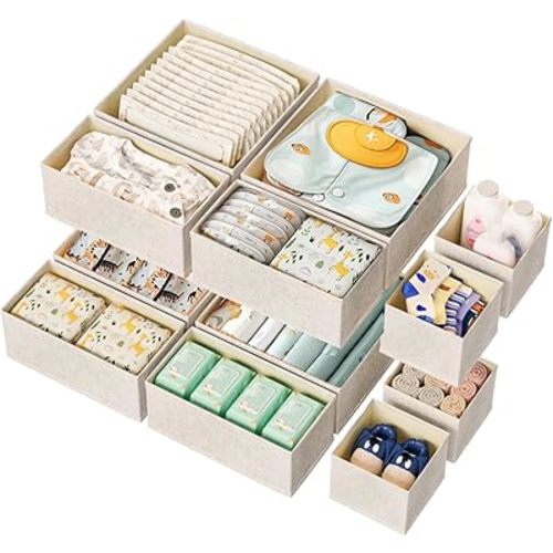 12 Pack Drawer Organizer for Baby Clothes, Linen Fabric Nursery Organizer for Baby Diaper, Collapsible Deep Fabric Drawer Organizer with Zipper for Socks, Bra, Towels, Ties, Beige
