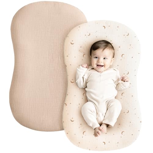 Konssy Muslin Baby Lounger Cover 2 Pack, 100% Cotton Newborn Lounger Cover, Soft and Breathable Lounger Slipcover for Boys Girls, Covers Only (Wheat,Moon)