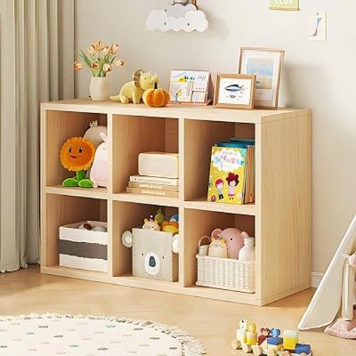6 Cube Storage Organizer, Cubby Storage Organizer, Cube Shelf with Back Plate, Wooden Kids Bookcase for Toy, Solid Wood Cube Storage for Living Room/Bedroom/Hallway/School, Easy to Install
