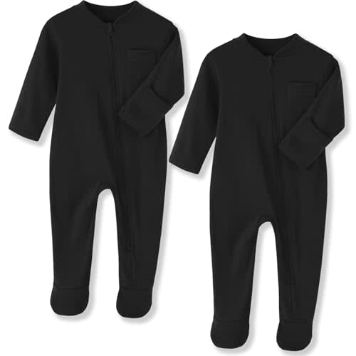 Baby Pajamas with Mitten Cuffs, Footie Infant Sleeper with Long Sleeve & 2 Way Zipper, Cotton Baby Sleep and Play 0-12 Months