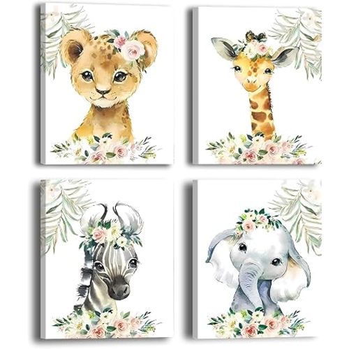 Wild Animals Nursery Picture Wall Decor Canvas,Woodland Animal Wall Art,Cute Leopards Deer Zebra Elephants Watercolor Poster Print Artwork for Boys Girls Room Decoration,8”X10”Framed