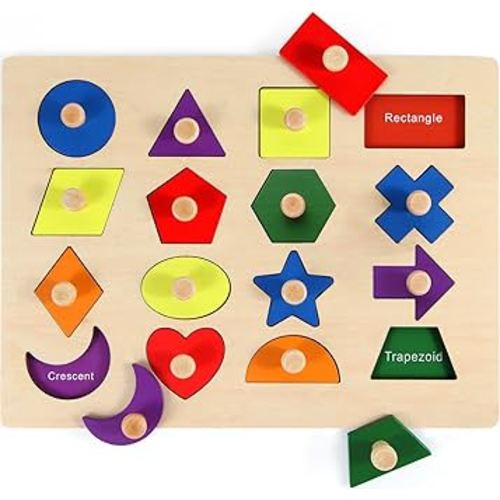 Montessori Wooden Shape Peg Puzzle Toys for Toddlers, Shape and Color Sorting Matching Board, Kids Sensory Preschool Learing Birthday Toy Gift for Baby Infant 1 2 3 4 5 Year Old