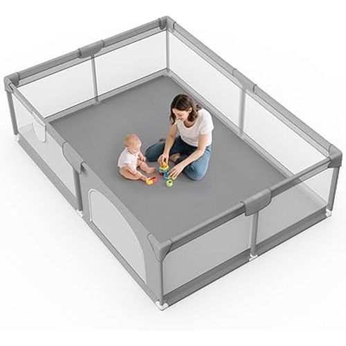Omzer 74” x 50” Playpen for Babies and Toddlers - Safe Baby Fence Breathable Mesh for Indoor & Outdoor - Baby Play Pen - Play Yard with Non-Slip Suction Cups