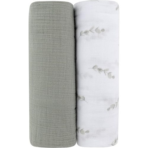 Ely's & Co. Muslin Swaddle Blanket 2-Pack — 100% Cotton Muslin Extra-Large Swaddle Blankets (47” x 47”) Watercolor Eucalyptus Print & Solid Sage
