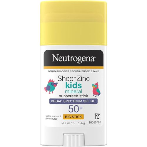 Neutrogena Sheer Zinc Oxide Kids Mineral Sunscreen Stick, Broad Spectrum SPF 50+ & UVA/UVB Protection & Water Resistant with Residue-Free, No-Mess Application, Oil- & Paraben-Free, 1.5 oz