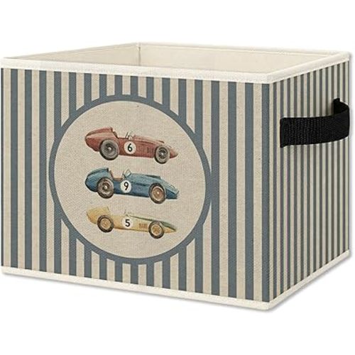 Vintage Race Car Boy Foldable Storage Bins Box with Handles, Kids Room Decor for Boys, Striped Car Vehicle Collapsible Organizer Basket for Kids Nursery Room Bedroom Playroom Books
