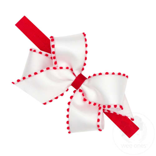 Medium Holiday Style Pom-Pom Edge Grosgrain Overlay Girls Hair Bow on Nylon Band - WHT W/ RED / INFANT (6-24 MONTHS) | Wee Ones Hair Bows & Accessories