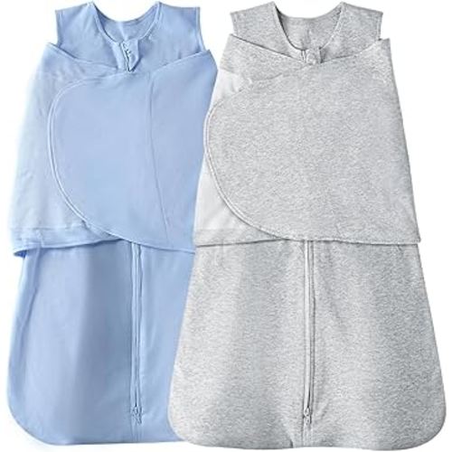 Baby Sleep sack Swaddle 2 Pack,Swaddles 3-6 Months,3-Way Adjustable Wearable Transition Blanket 100% Organic Cotton,12-18 lbs,1.0 TOG(Blue&Grey)
