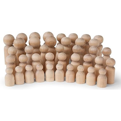 Natural Unfinished Wooden Peg Doll Bodies, Quality People Shapes, Great for Arts and Crafts, Birch and Maple Wood Turnings, Artist Set of 40 in 5 Different Shapes and Sizes