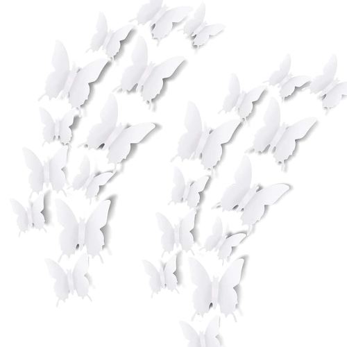 24pcs 3D Butterfly Removable Mural Stickers Wall Stickers Decal for Home and Room Decoration (White-24pcs)